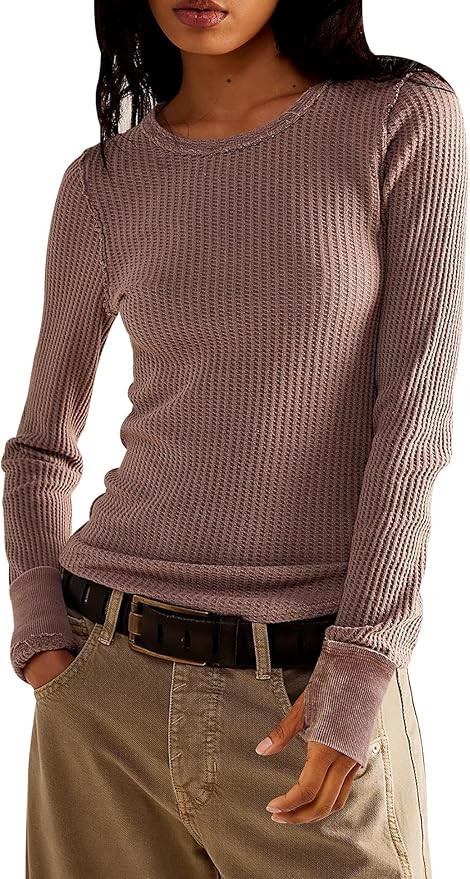 Women's Waffle Knit Tops Long Sleeve Shirts Casual Slim Fitted Crew Neck Pullover Shirts | Amazon (US)