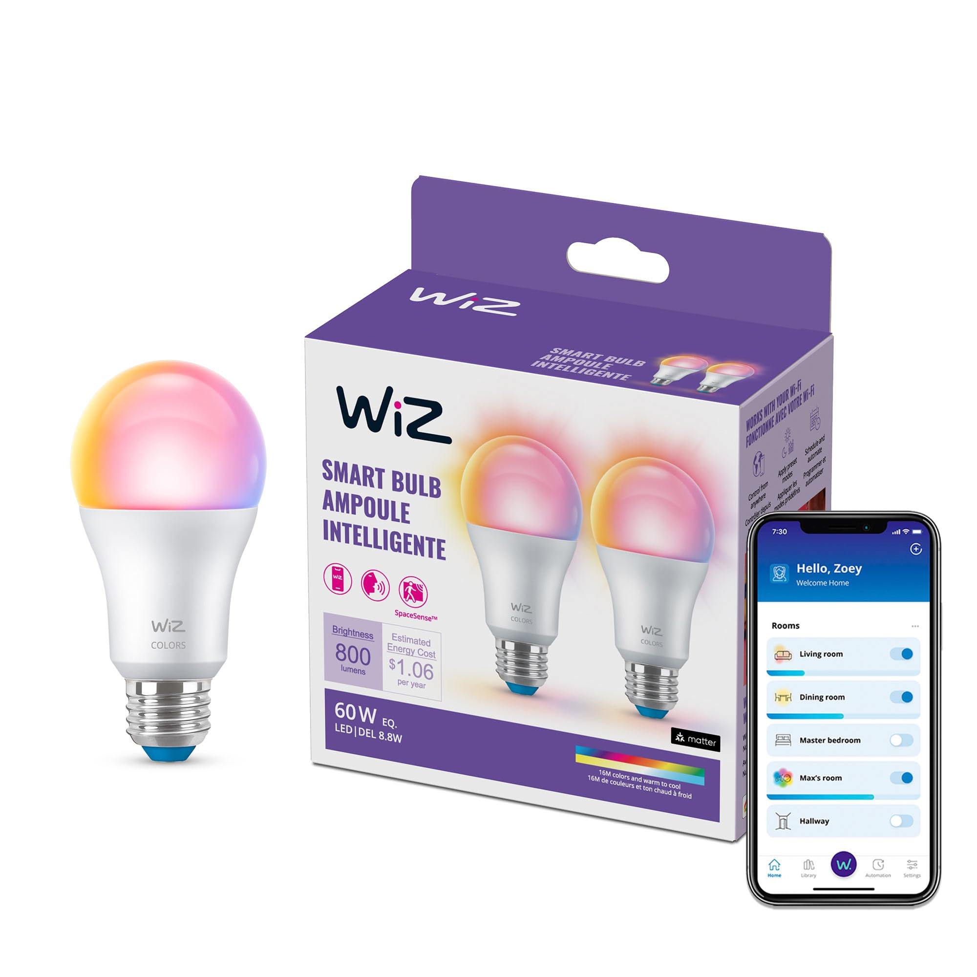 WiZ Connected Smart Light Bulbs, 2-Pack, Full Color A19 60W 800LM E26 LED Lights, Sunset/Sunrise ... | Amazon (US)