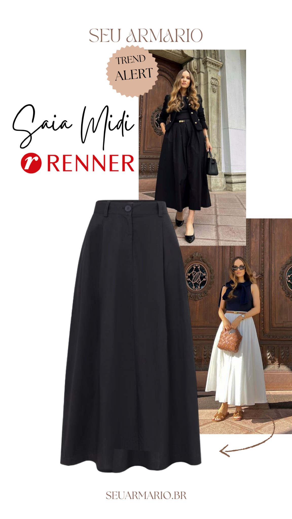 A saia MIDI está em alta! Encontramos essa preta na Renner, com uma modelagem impecável e exclusiva. Sua versatilidade permite criar desde looks elegantes e formais até combinações mais despojadas para o dia a dia. 
Garanta a sua agora mesmo 🛍️✨

#LTKbrasil #LTKbeauty #LTKworkwear