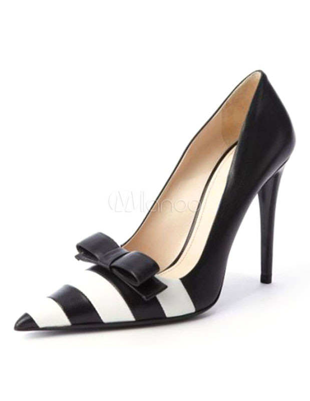 Pointed Toe High Heels Striped Two Tone Stiletto Pumps Shoes With Bow For Women | Milanoo