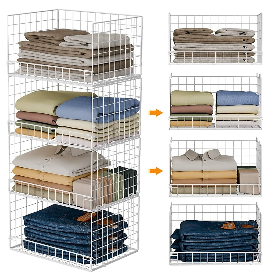 4-Tier Stackable Closet Organizers and Storage Basket, Foldable Closet Shelf Organizer System, Sp... | Amazon (US)