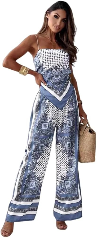Women's Printed Spaghetti-Strap Top and Pants Set, Sexy Retro Style for Parties Gatherings | Amazon (US)