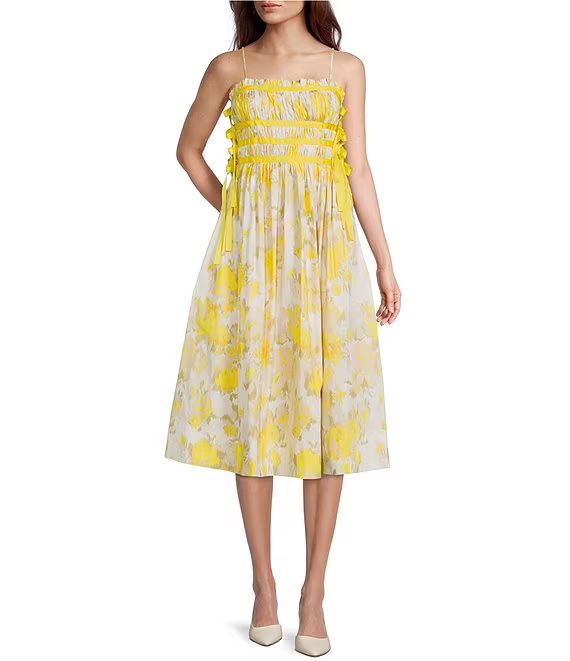 Antonio Melani Brynn Floral Print Poplin Square Neck Sleeveless Tie Side Smocked A-Line Midi Dres... | Dillard's