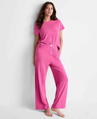 Women's Short-Sleeve Crewneck Cotton-Blend T-Shirt and Pants Set | Macy's