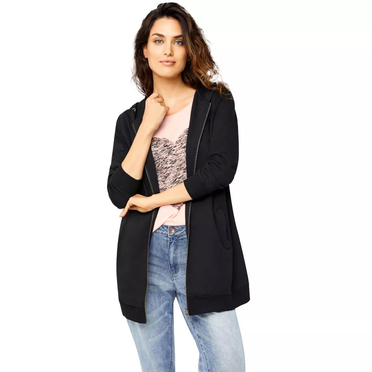 ellos Women's Plus Size French Terry Long Zip Front Hoodie | Target