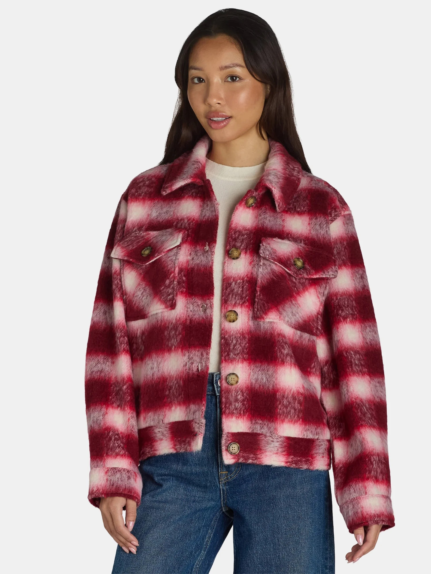 Time and Tru Women's Cropped Plaid Button Down Shacket, XS-XXXL | Walmart (US)