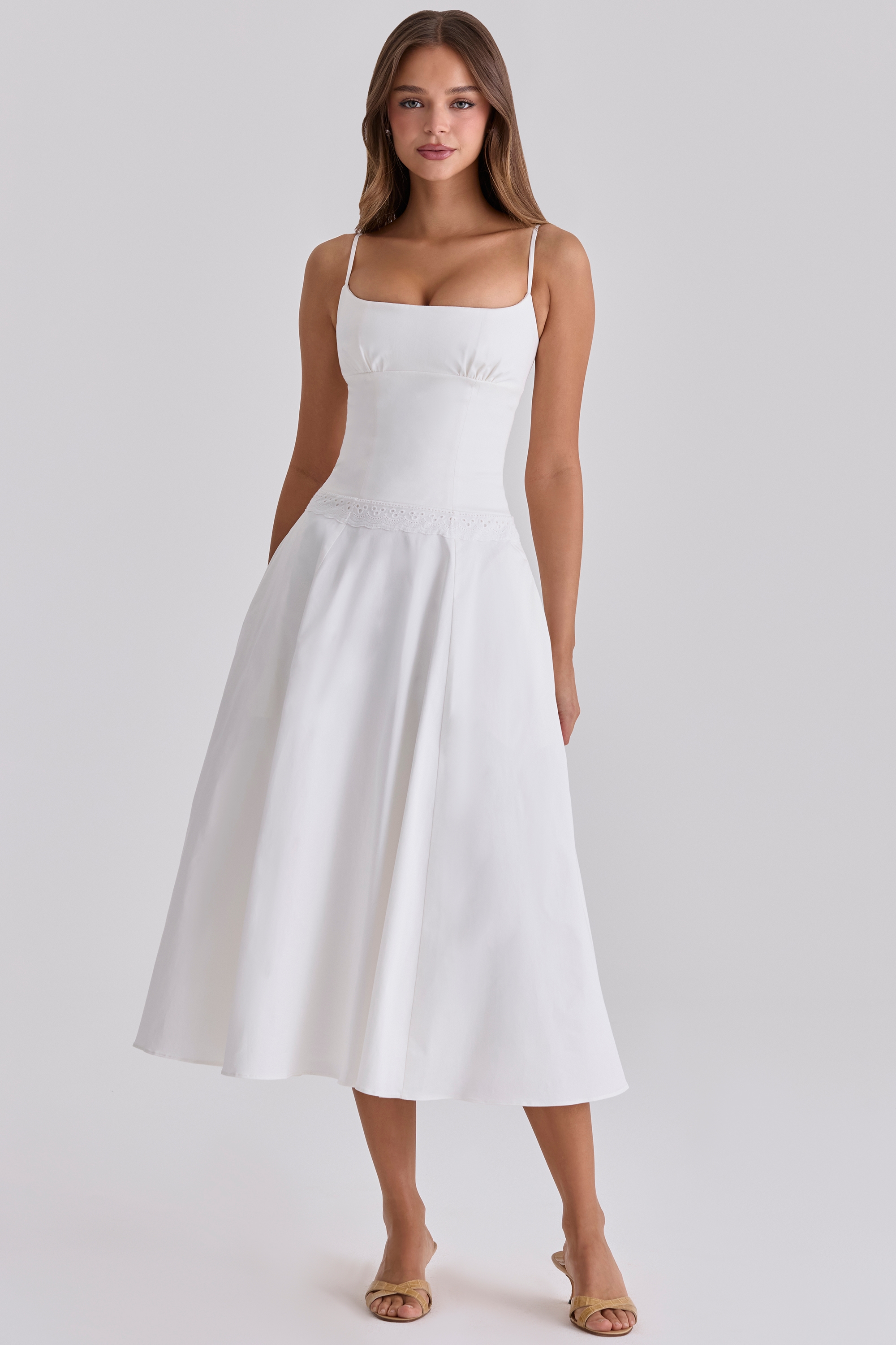 white cotton broderie anglaise trim midi sundress | House of CB