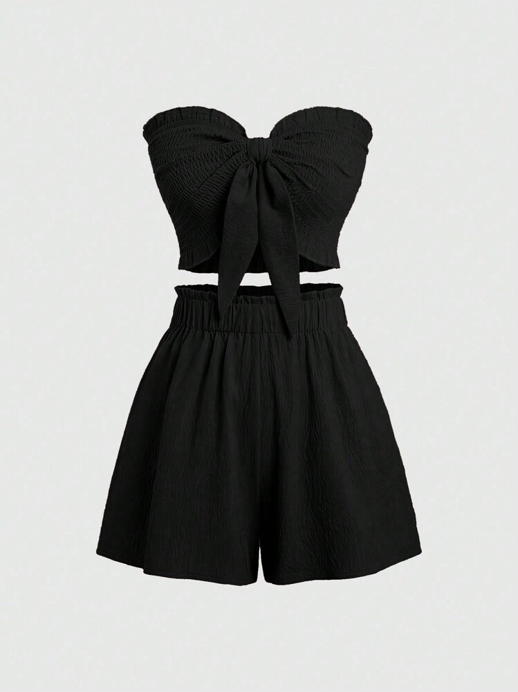 Sweetra Lace-Up Solid Slim Fit Strapless Top And Drawstring Casual Shorts Two-Piece Set | SHEIN