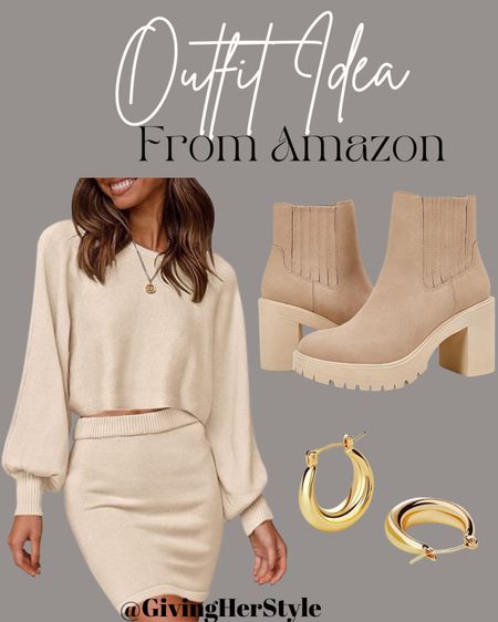 Outfit idea from Amazon! 
| amazon | amazon prime | thanksgiving outfit | outfit ideas | outfit inspo | fall outfit | fall fashion | fall style | fall dress | fall boots | dresses | dress | neutral | wedding guest | date night | amazon dress | ankle boots | sock booties | short boots | brown boots | heeled boots | clog boots | purse | bag | holiday outfit | thanksgiving dinner outfit | outfits | ootd | best of amazon | amazon prime favorites | sweater set | matching set | earrings | gold earrings | gold jewelry | 
#amazon #amazonprime #dress #outfit
#LTKunder100 #LTKunder50 #LTKbump

#LTKshoecrush #LTKHoliday #LTKSeasonal