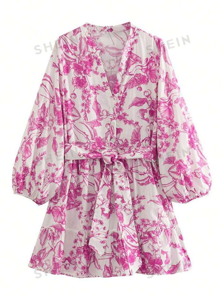 SHEIN VCAY Plus Size Women'S Floral Printed Belted Dress | SHEIN