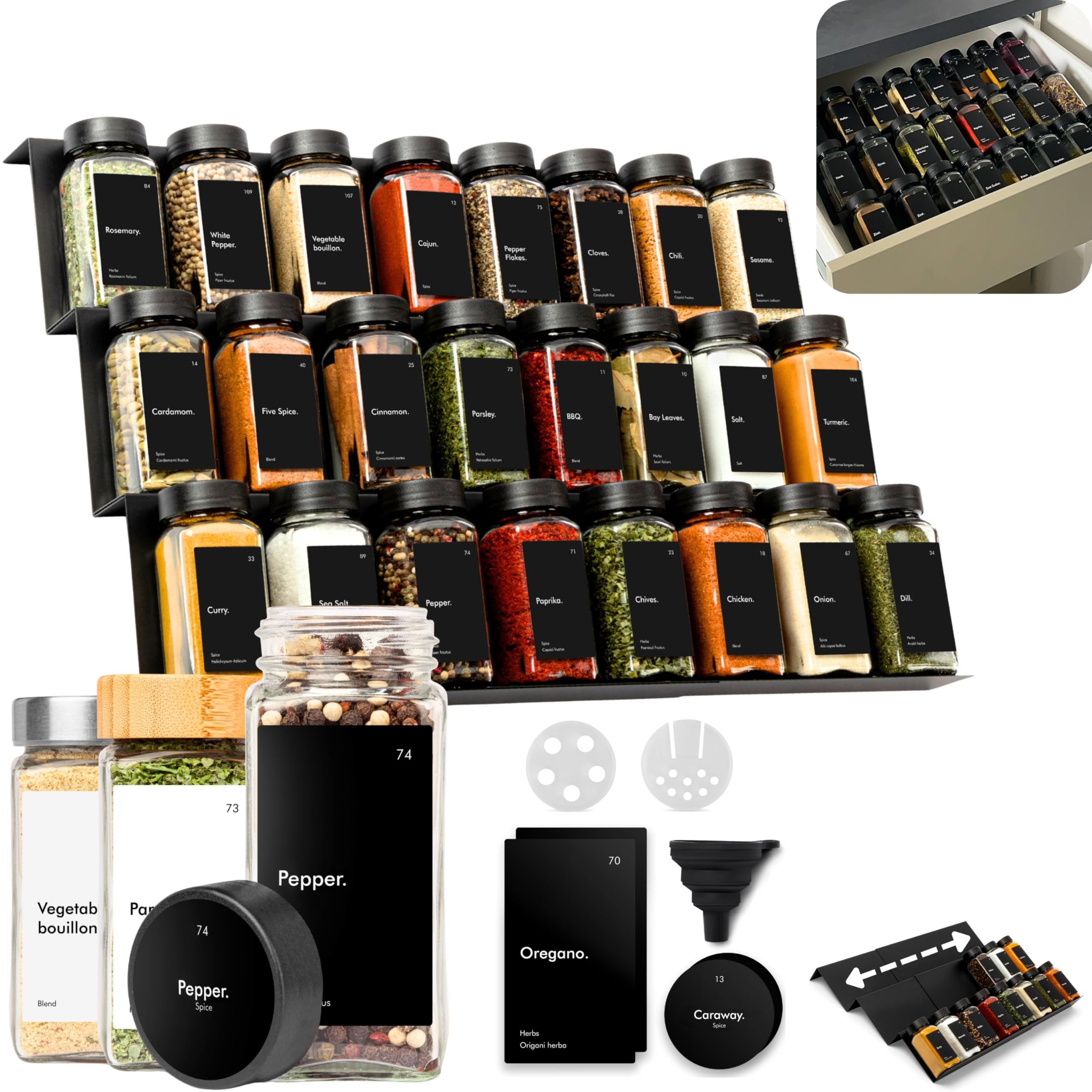 KIVY Spice Drawer Organizer with 24 Spice Jars & 240 Labels - Seasoning Rack for Organization - K... | Amazon (US)