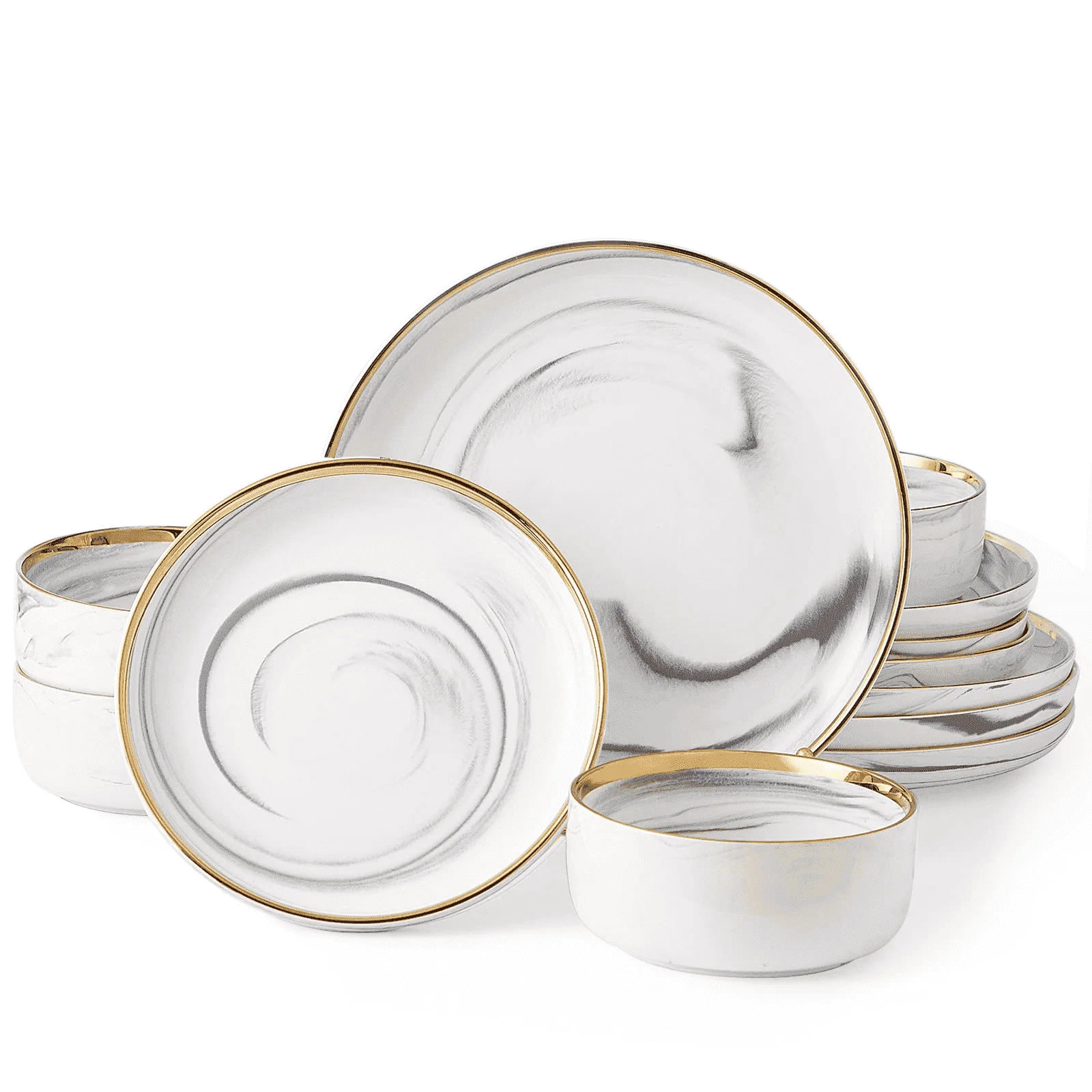 Pokini 12-Piece Dinnerware Sets, Plates and Bowls Dish Sets for 4, Modern Luxury Gold Rim Porcela... | Walmart (US)