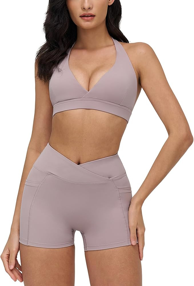 ABOCIW Womens 2 Piece Workout Sets Deep V Neck Halter Sports Bra Cross Waist Biker Shorts with Po... | Amazon (US)