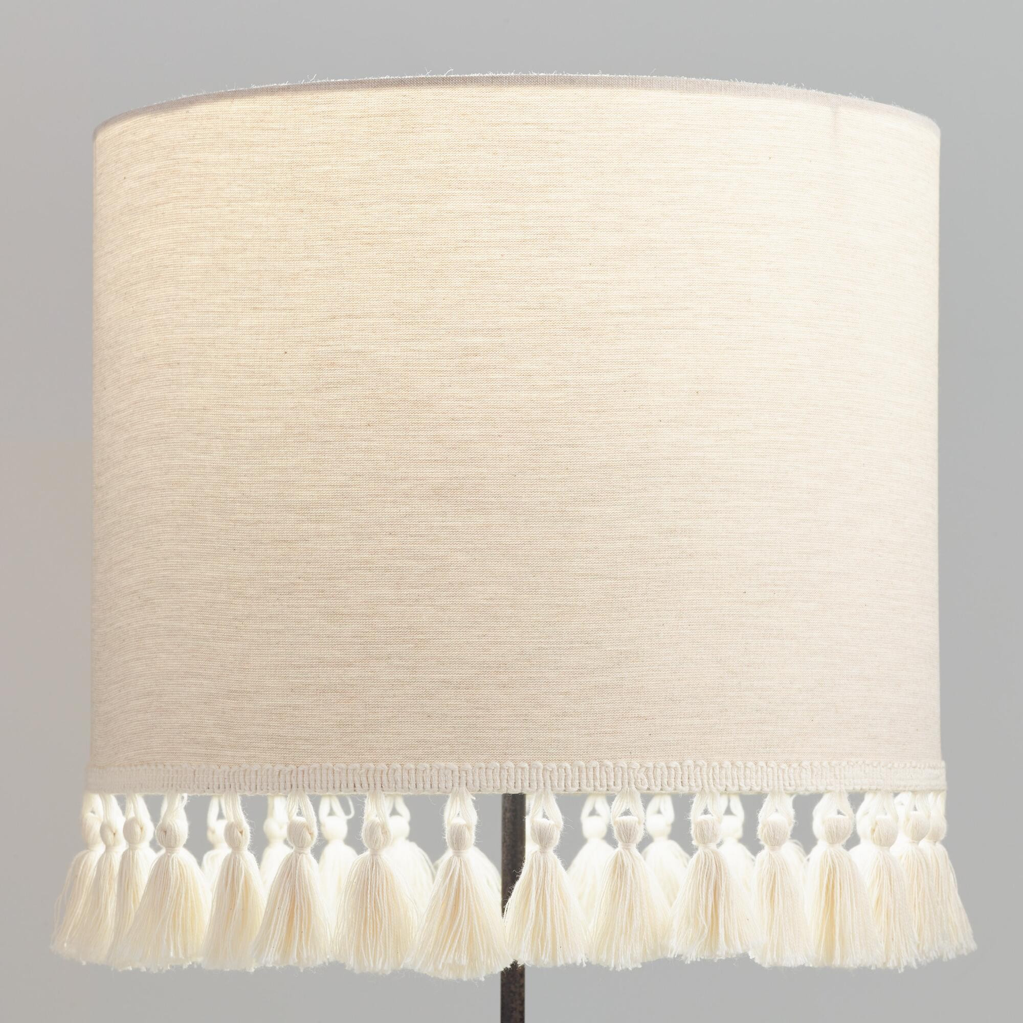 Natural Linen Drum Table Lamp Shade with Light Gray Tassels by World Market | World Market