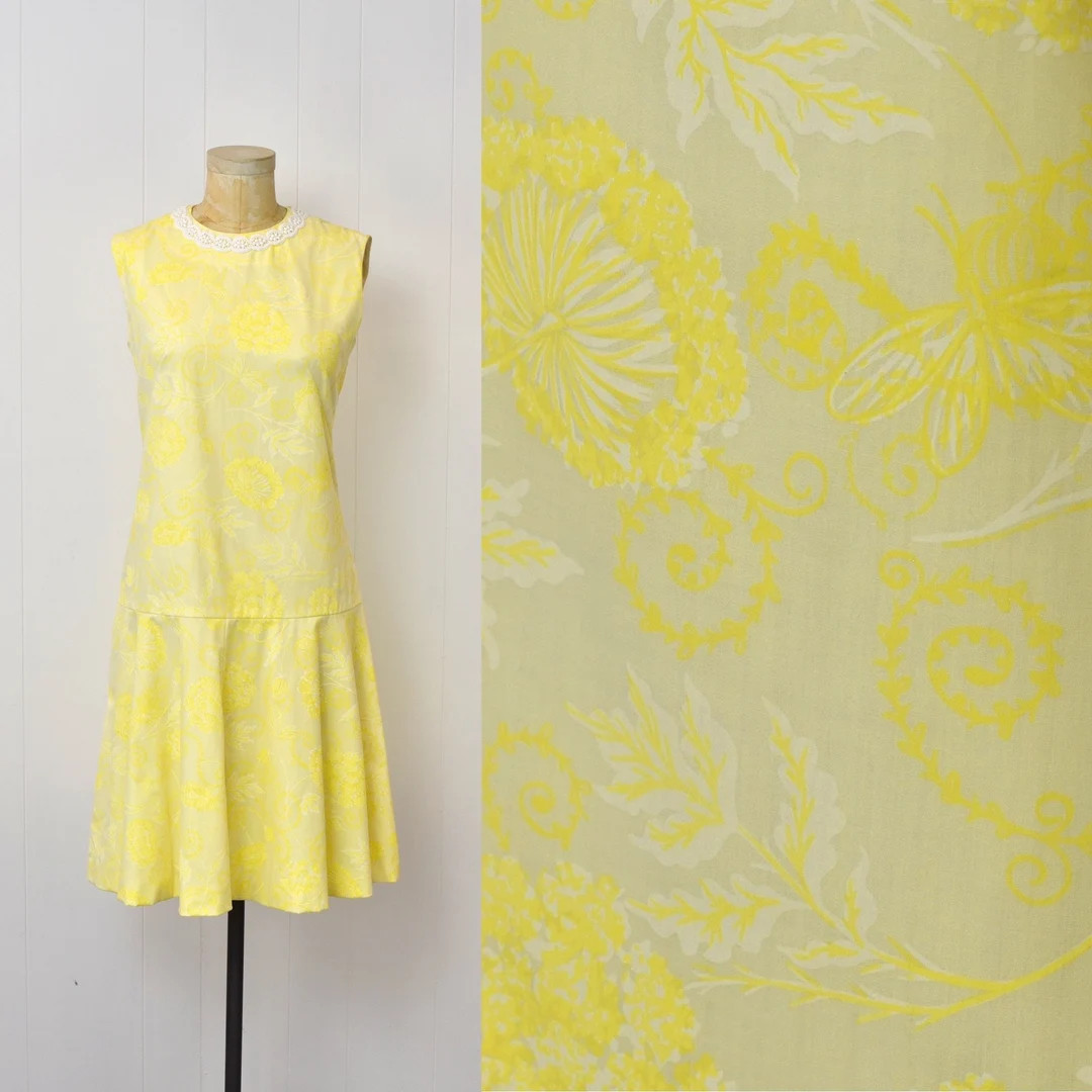 1960s/1970s Key West Hand Print Fabrics Yellow Butterfly Floral Novelty Print Lace Drop Waist Sco... | Etsy (US)