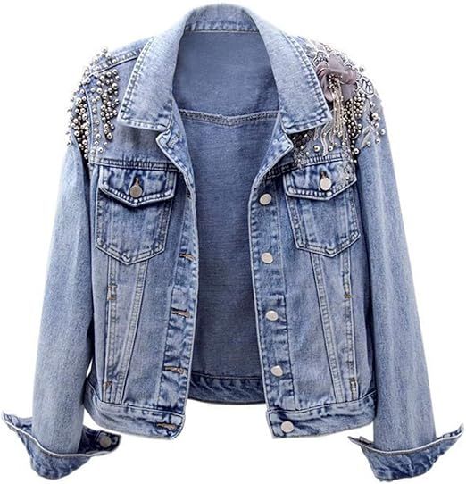 Kedera Women's Embroidered Floral Rivet Pearl Short Denim Jacket Jean Coat | Amazon (US)