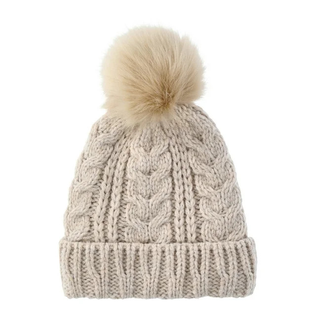 Time and Tru Women's Pom Cable Knit Winter Beanie, Oatmeal Heather | Walmart (US)