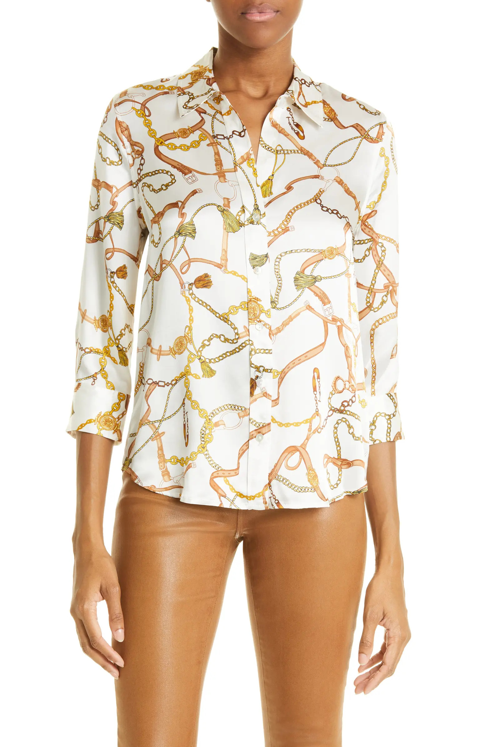 Dani Three-Quarter Sleeve Silk Button-Up Blouse | Nordstrom