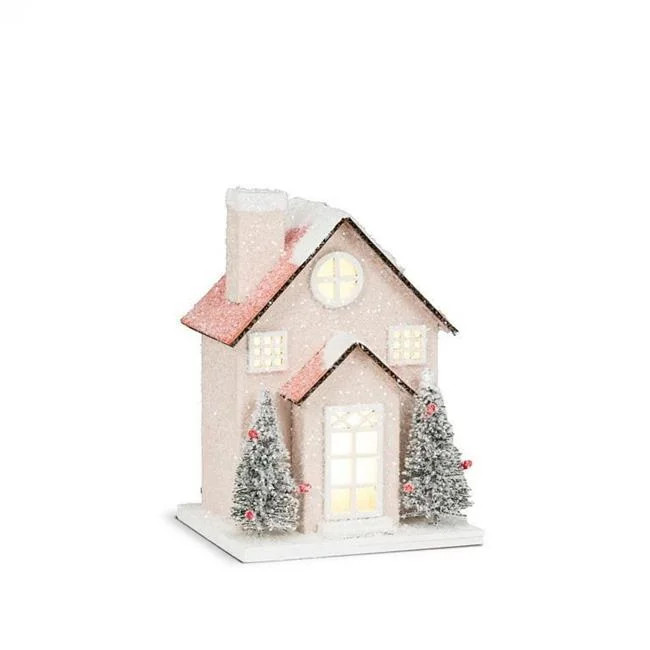 MDR Trading  3.5 x 4 in. Snowy Glitter House with LED Lights Figurine - Pink, Red & White - Small | Walmart (US)