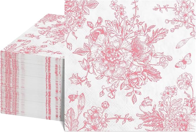 100 Pcs Pink Floral Napkins, Valentines Napkins Pink and White Toile Cocktail Napkins Vintage Flo... | Amazon (US)