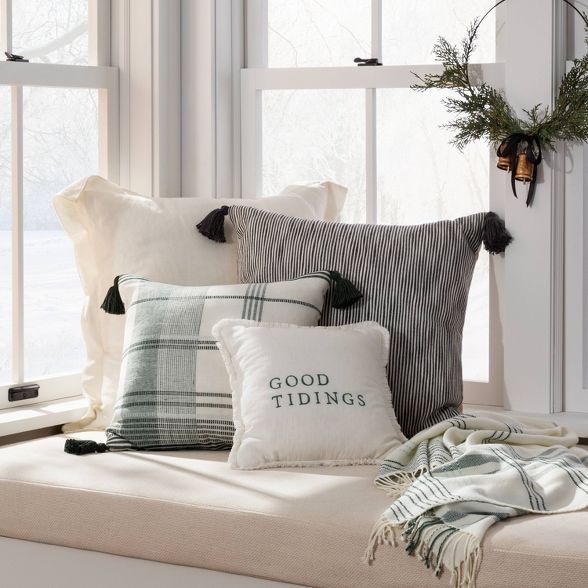 14" x 14" Embroidered 'Good Tidings' Decor Pillow Green/White - Hearth & Hand™ with Magnolia | Target