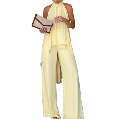 Womens 2 Piece Vacation Outfits Sleeveless Mock Neck Top and Wide Leg Pants Casual Sets Going Out | Amazon (US)