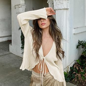 Y2K Long Sleeve Sheer Blouse for Women Sexy V Neck Botton Up Shirts Collared Mesh Flare Sleeve Cr... | Amazon (US)