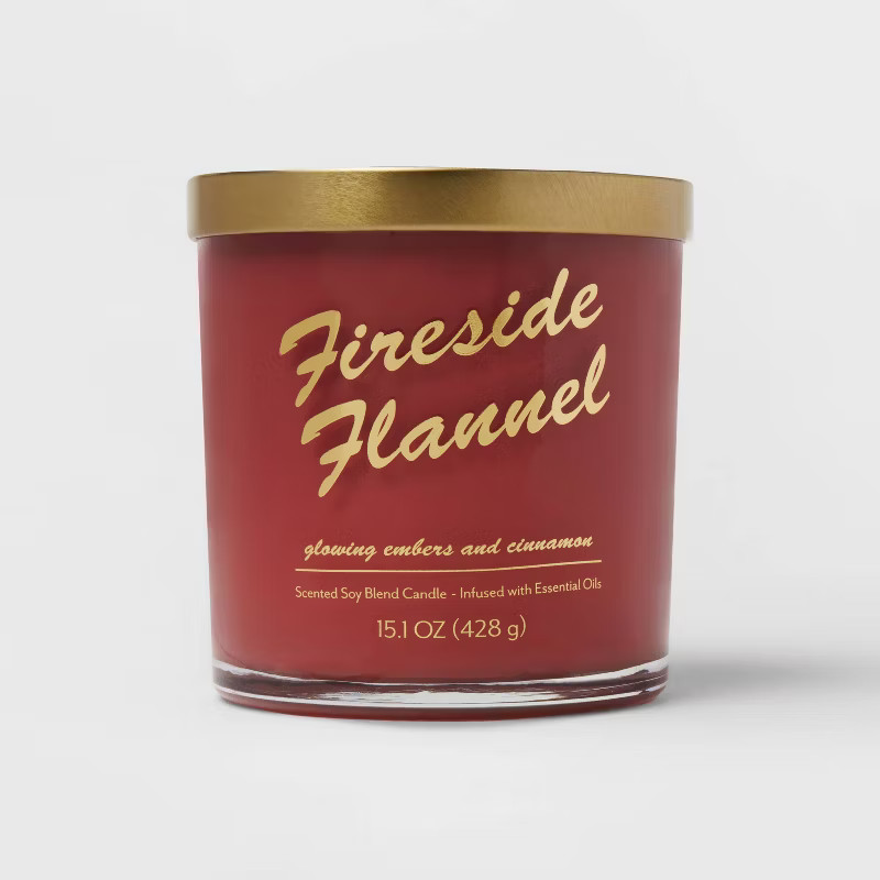 15.1oz Lidded Glass Jar 2-Wick Gold Decal Fireside Flannel Candle - Opalhouse™ | Target