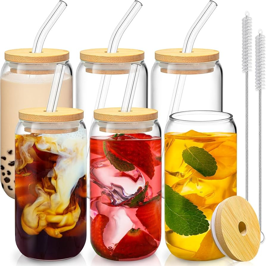 6 Pcs Drinking Glasses with Bamboo Lids and Glass Straw - 16 Oz Can Shaped Glass Cups for Beer, I... | Amazon (US)