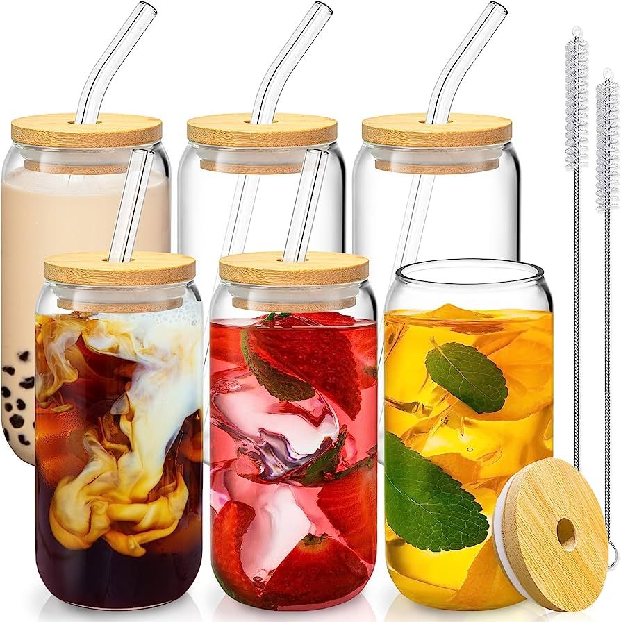 6 Pcs Drinking Glasses with Bamboo Lids and Glass Straw - 16 Oz Can Shaped Glass Cups for Beer, I... | Amazon (US)
