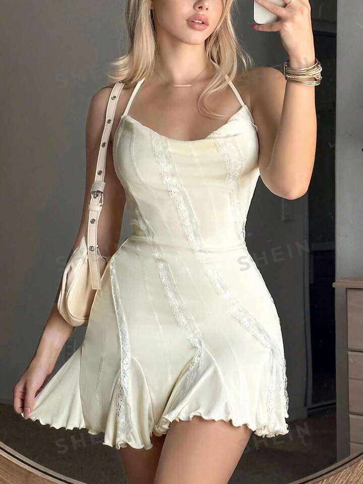 SHEIN ICON Solid Lace Trim Halter Dress | SHEIN