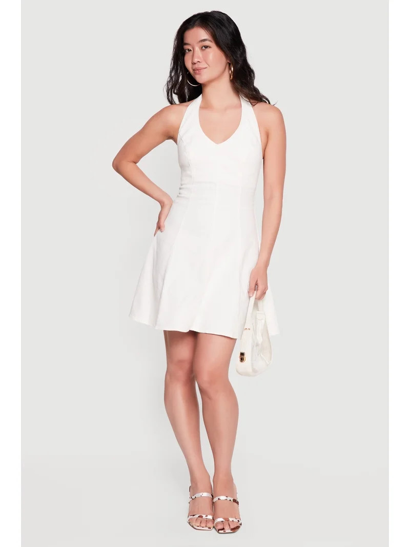 Women's Zip Back Denim Halter Mini Dress | Walmart (US)