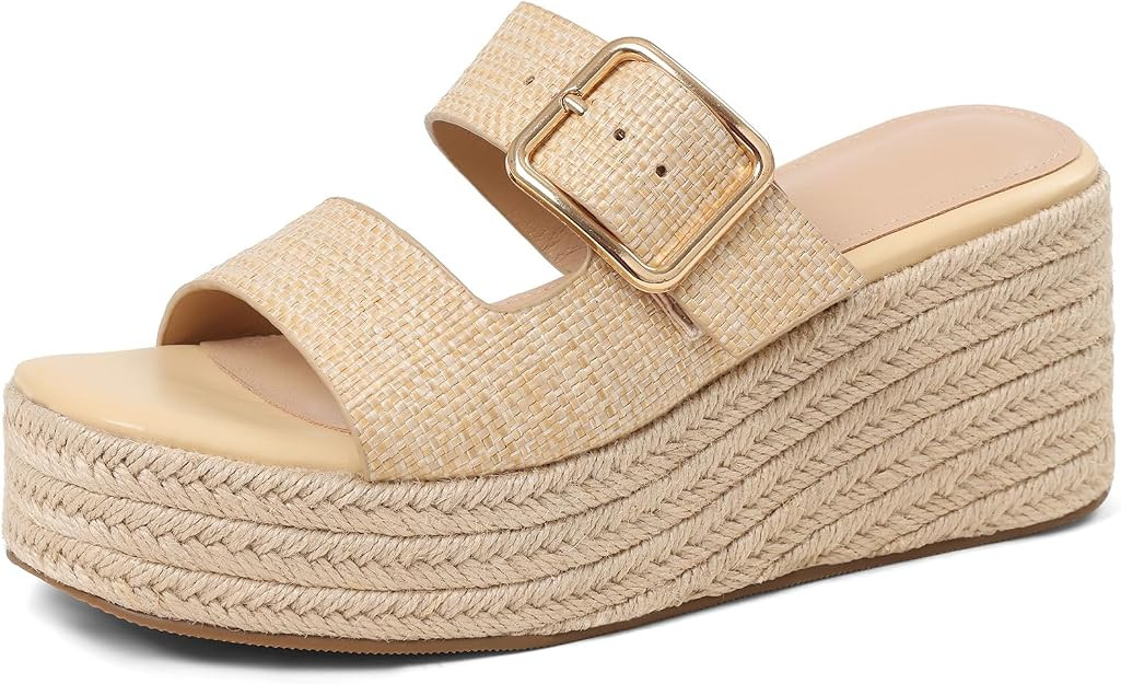 Platform Wedges Sandals for Women Summer Slip on Espadrille Flatform Slides Open Toe Adjustable B... | Amazon (US)