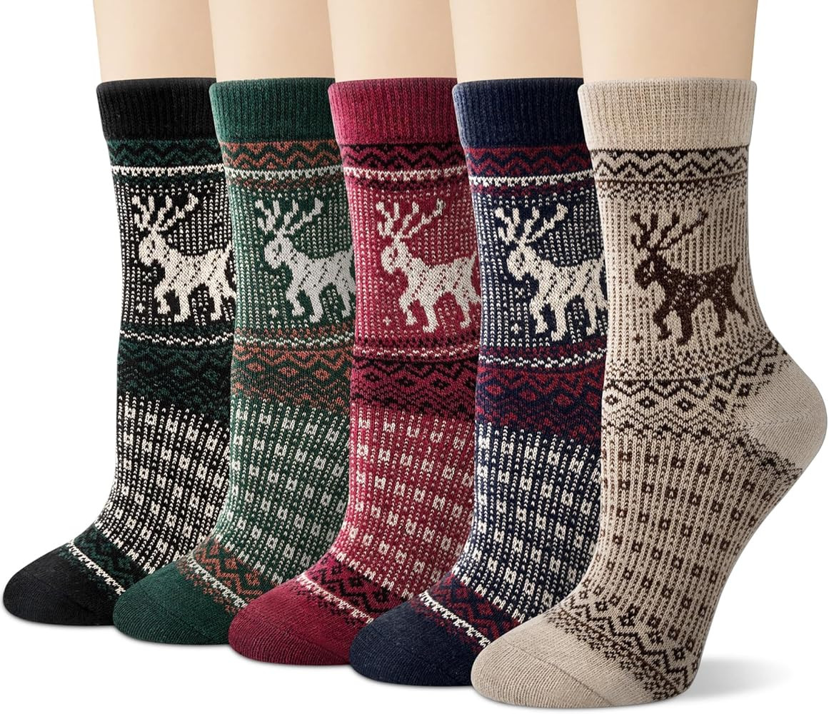 Justay 5 Pairs Wool Socks for Women - Winter Thick Boot Cozy Crew Vintage Soft Calf Knit Warm Soc... | Amazon (US)