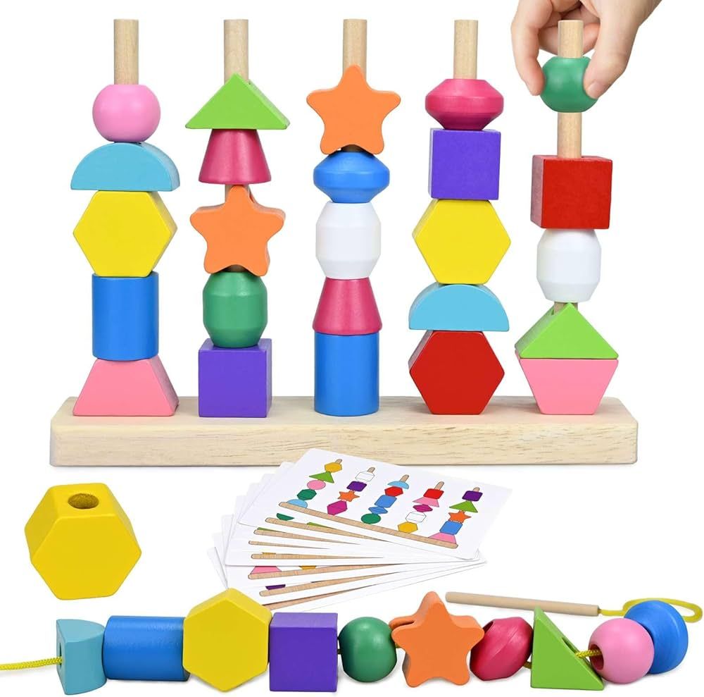 Montessori Toys for 3 4 5 6 Year Old Kid Boys Girls, Wooden Lacing Beads Sequencing Toy Set, Pres... | Amazon (US)