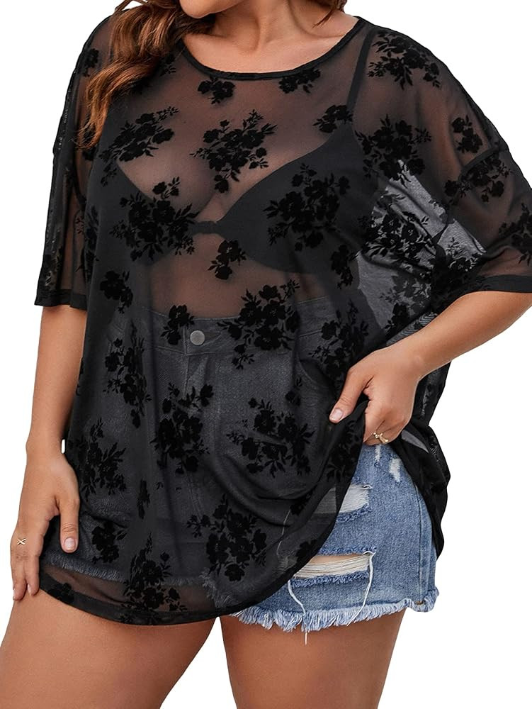 MakeMeChic Women's Plus Size Glitter Sheer Mesh Short Sleeve Tee Shirt Top | Amazon (US)