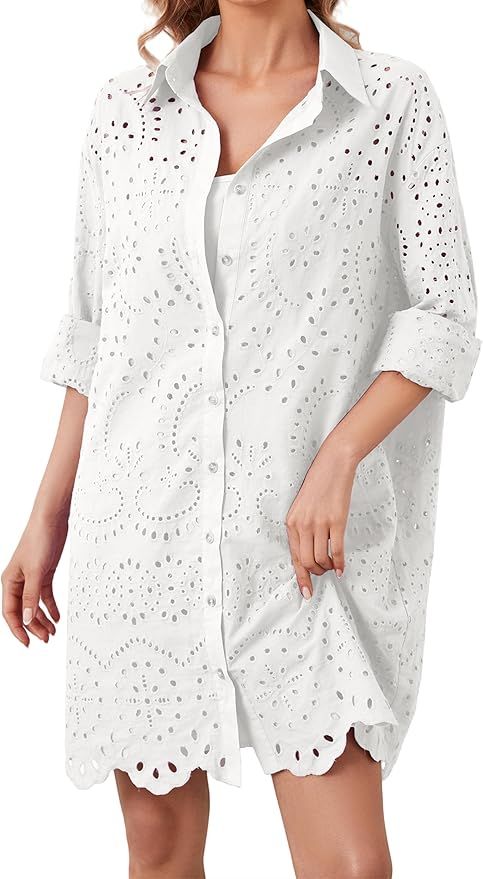 Women’s Button Down Shirt Dress Solid Eyelet Embroidery Cover Up Dress Casual Oversized Long Sl... | Amazon (US)