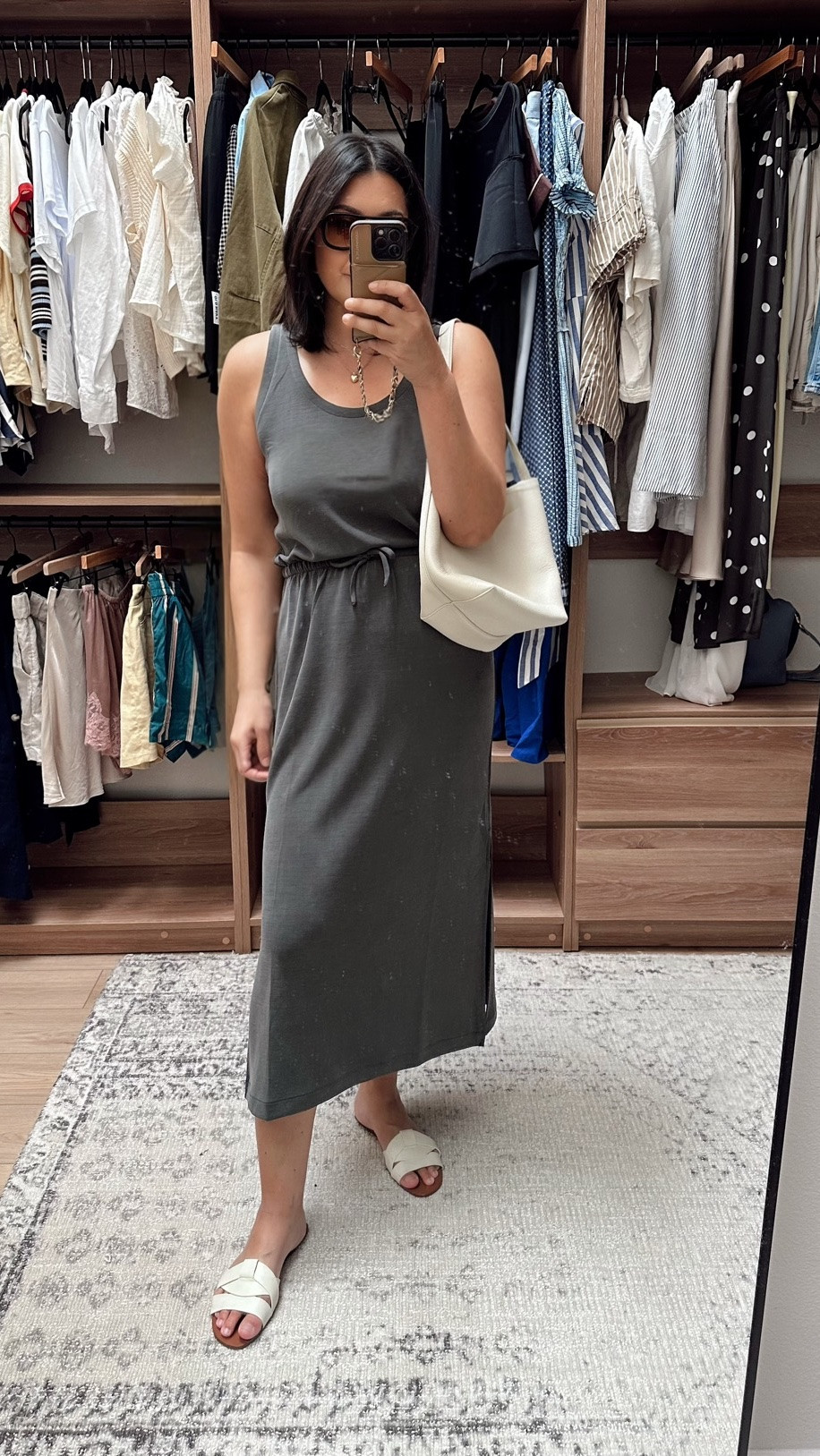 Early mornings call for easy pieces that are one and done when getting dressed! I love this @Spanx dress, it’s soft and slinky, doesn’t cling one bit. 

Dress: size large 
Bag @Quince 
Sandals: @Zara 
Sunglasses: @Madewell