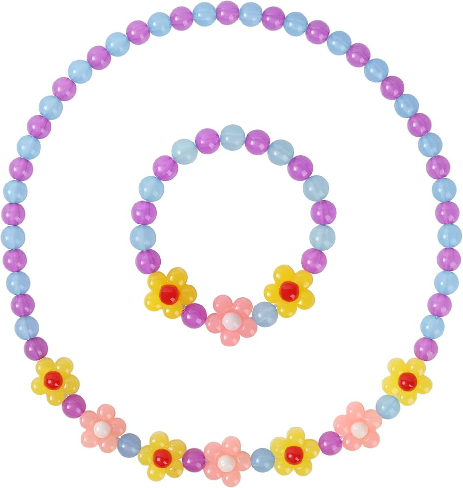 Girls Jewelry Set - Cute Flower Beads Necklace Bracelet-Toddler Girls Flower Jewelry - Stretchy C... | Amazon (US)