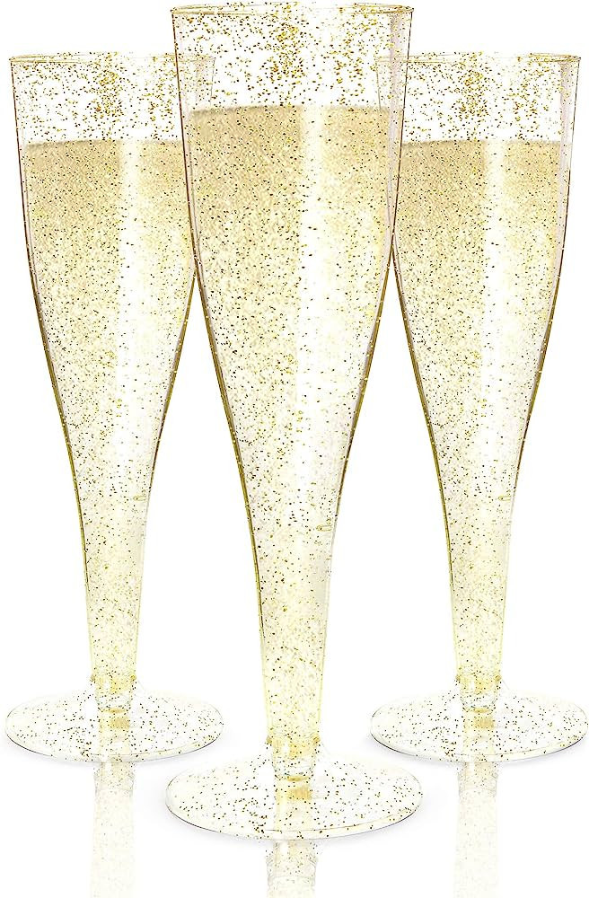 Prestee 24 Gold Champagne Flutes Plastic | Disposable Champagne Flute | Gold Glitter Plastic Cham... | Amazon (US)