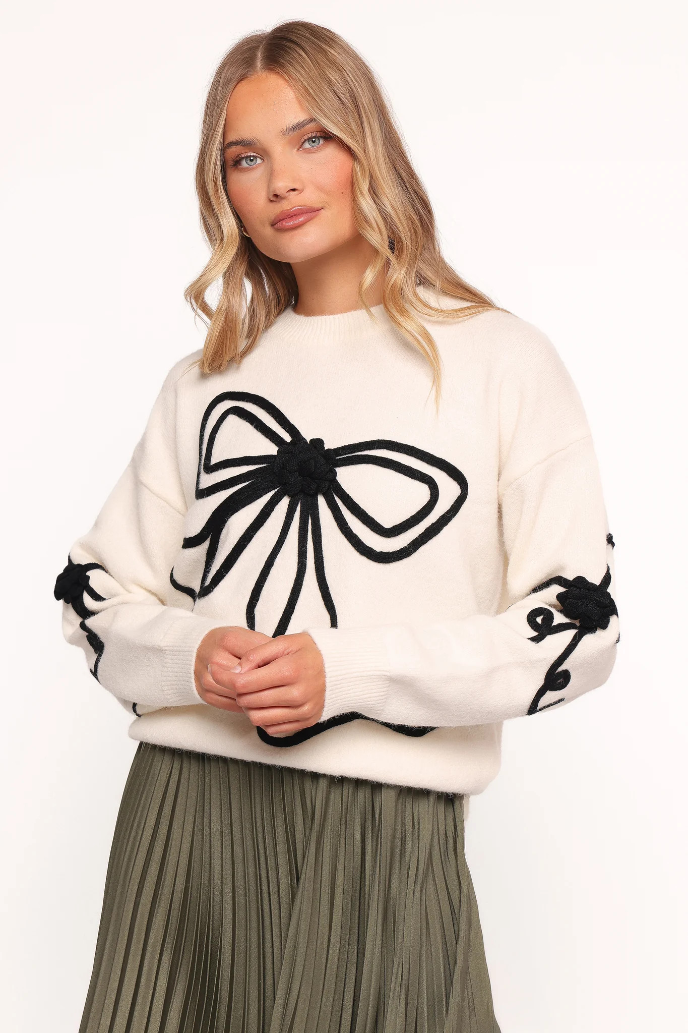 Isiora Bow Embroidered Knit Sweater - Cream | Petal & Pup (US)