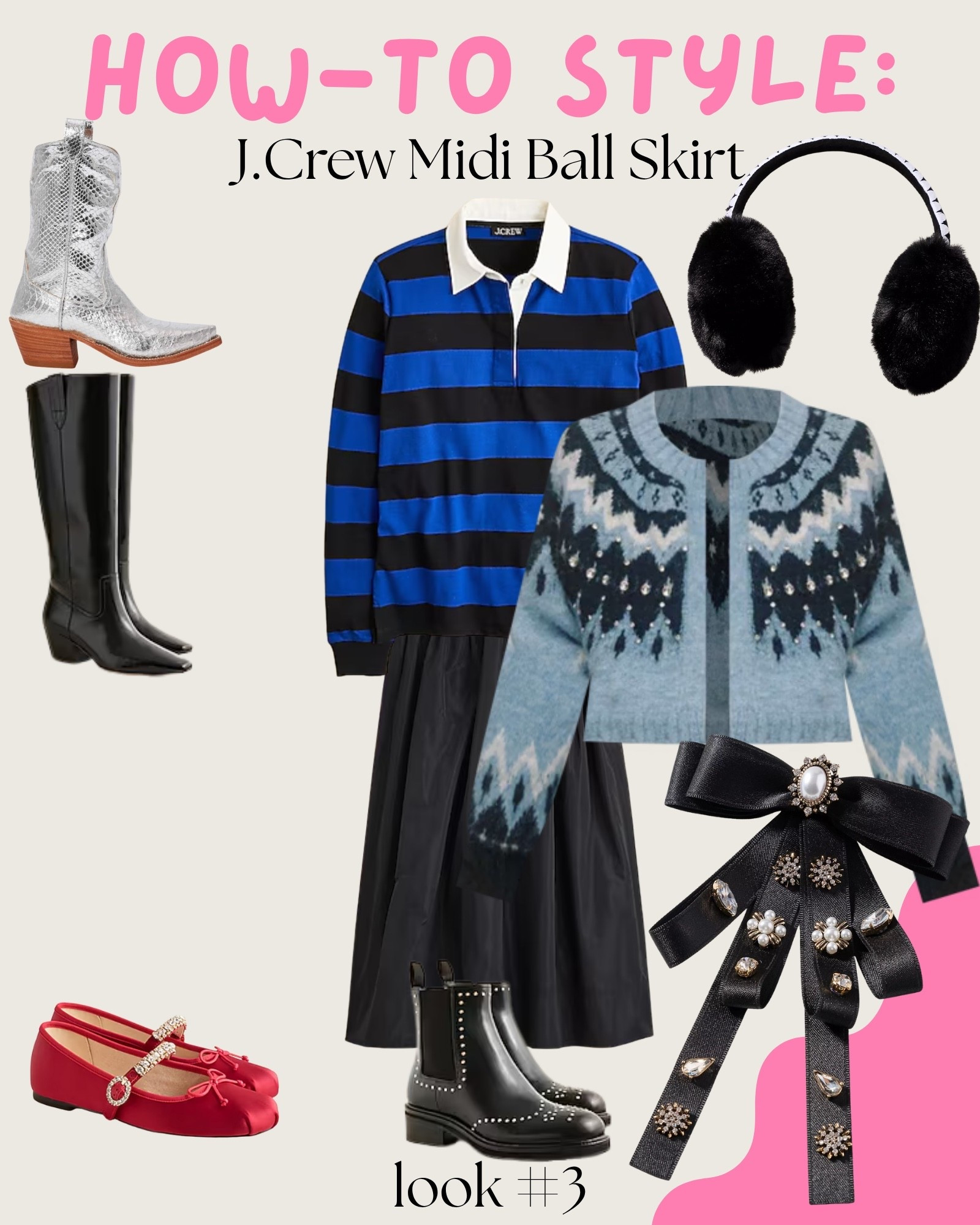 My how-to guide for styling the J.Crew Midi Ball Skirt 🤍 — Look #3 

Preppy meets winter-cozy ❄️

A rugby tee + Fair Isle cardigan adds a playful twist to the ball skirt while keeping it warm and casual enough for daytime.

Style formula:
• Striped rugby top
• Fair Isle cardigan
• Taffeta ball skirt
• Studded boots
• Earmuffs + bow brooch for charm

#LTKStyleTip #LTKHoliday #LTKShoeCrush
