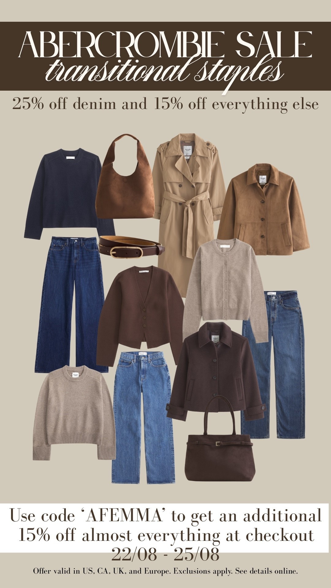 Abercrombie sale picks!! Use code 'AFEMMA' to get an additional 15% off almost everything at checkout from 22/08/25-25/08/25. Offer valid in US, CA, UK, and Europe. Exclusions apply. See details online. 

 

#LTKautumn #LTKsale #LTKstyletip