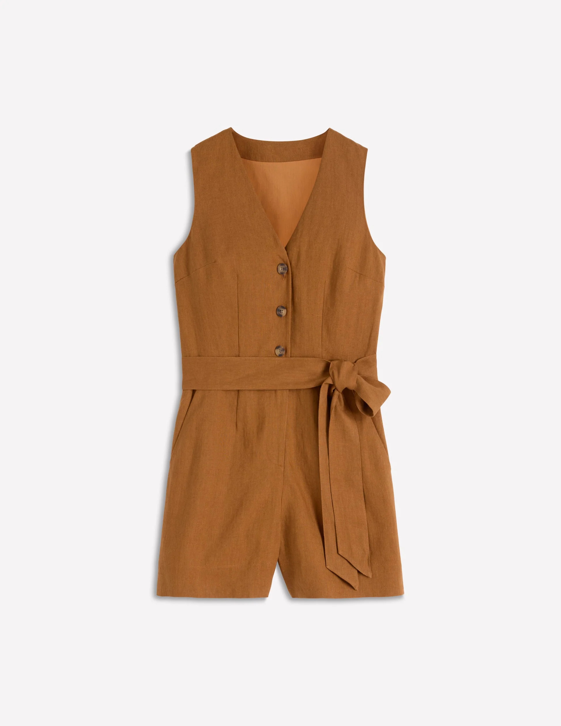 Laura V-neck Linen Playsuit-Gingerbread | Boden (US)