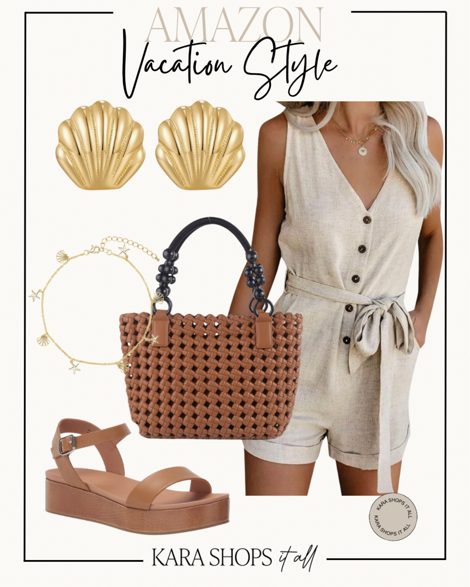 Vacation outfit! Love this neutral romper with buttons! The seashell earrings are so pretty and the matching bracelet! Brown sandals and a brown and black tote! 
#Amazonfashion #Amazonvacation
#AmazonSummer

#LTKSeasonal #LTKsalealert #LTKstyletip