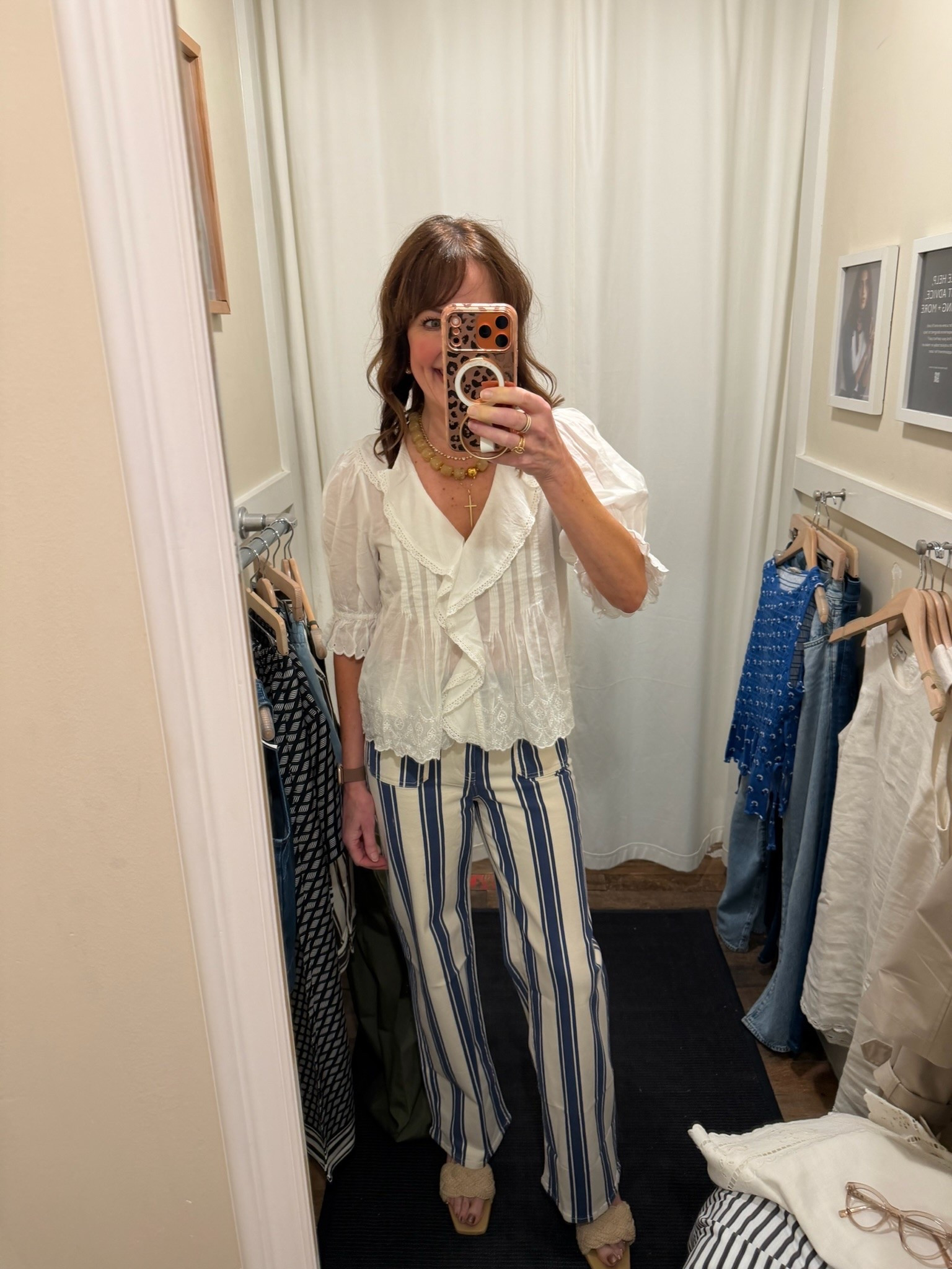 Cute outfit from Madewell! Love these striped pants and ruffle blouse!

#LTKSeasonal #LTKOver40 #LTKootd