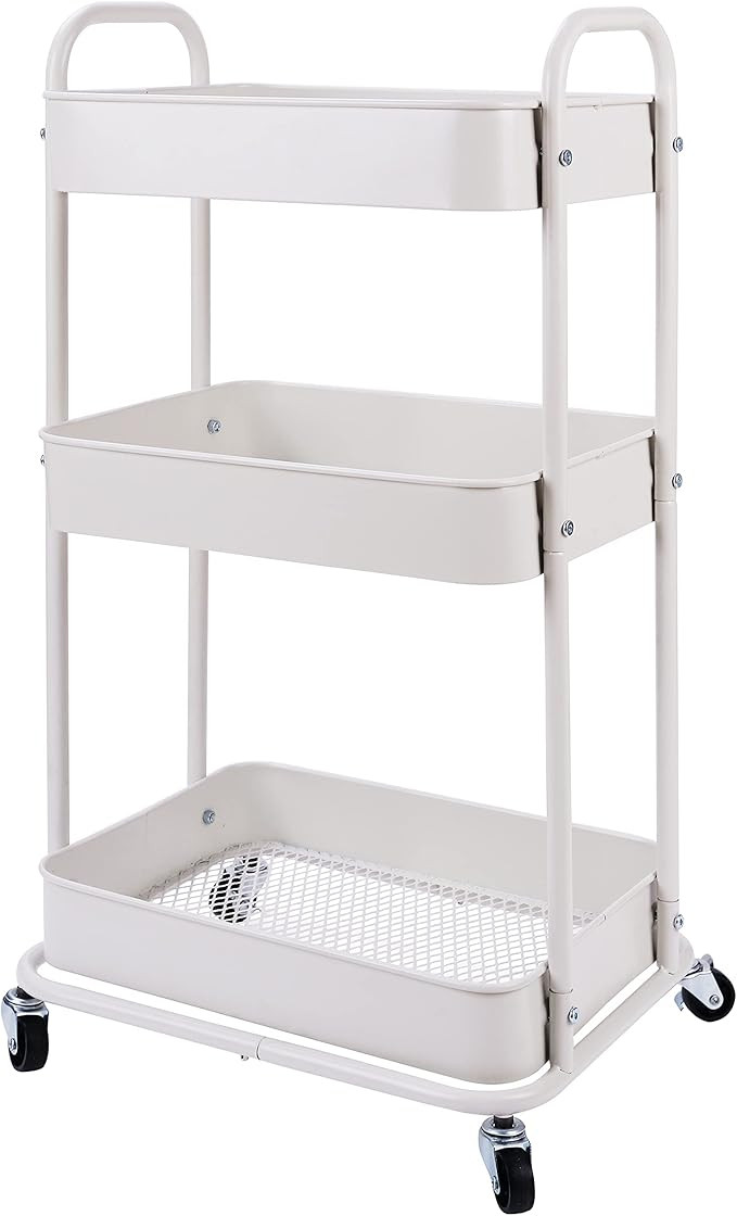 YOHKOH 3-Tier Metal Rolling Utility Cart, Storage Trolley Cart with Mesh Baskets and Lockable Whe... | Amazon (US)