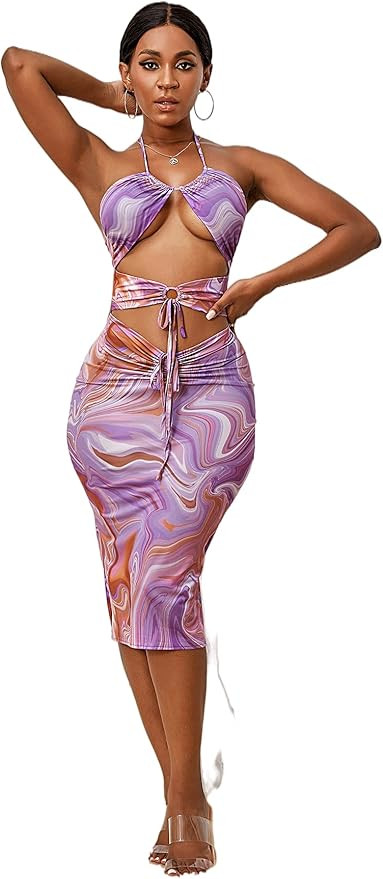 SheIn Women's Sexy Cut Out Tie Knot Sleeveless Bodycon Halter Marble Midi Dress | Amazon (US)