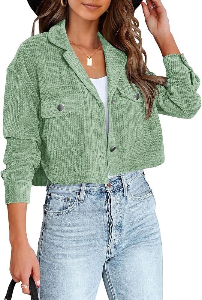 BTFBM Women's Corduroy Cropped Jacket 2024 Winter Fall Lapel Button Down Casual Short Shacket Jac... | Amazon (US)