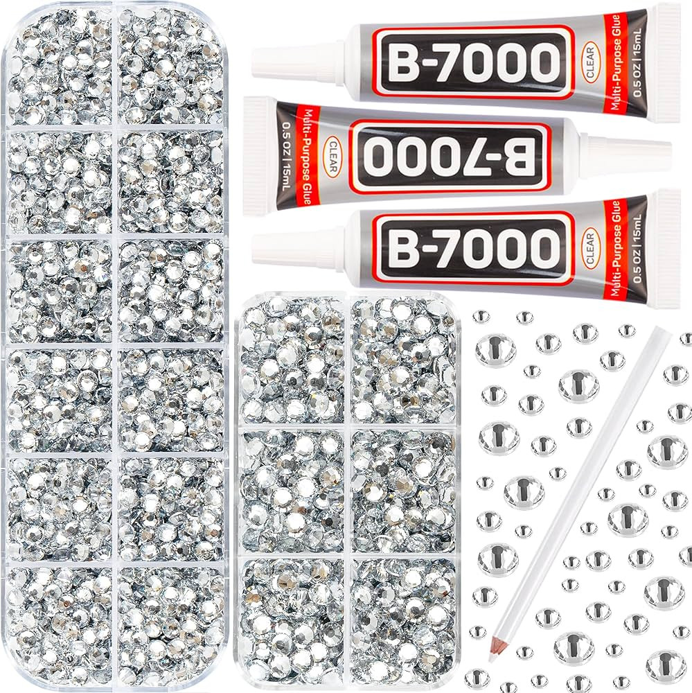b7000 Glue with 7500Pcs Clear Silver Rhinestones for Crafts Clothes Clothing Fabric, Shiny Flatba... | Amazon (US)